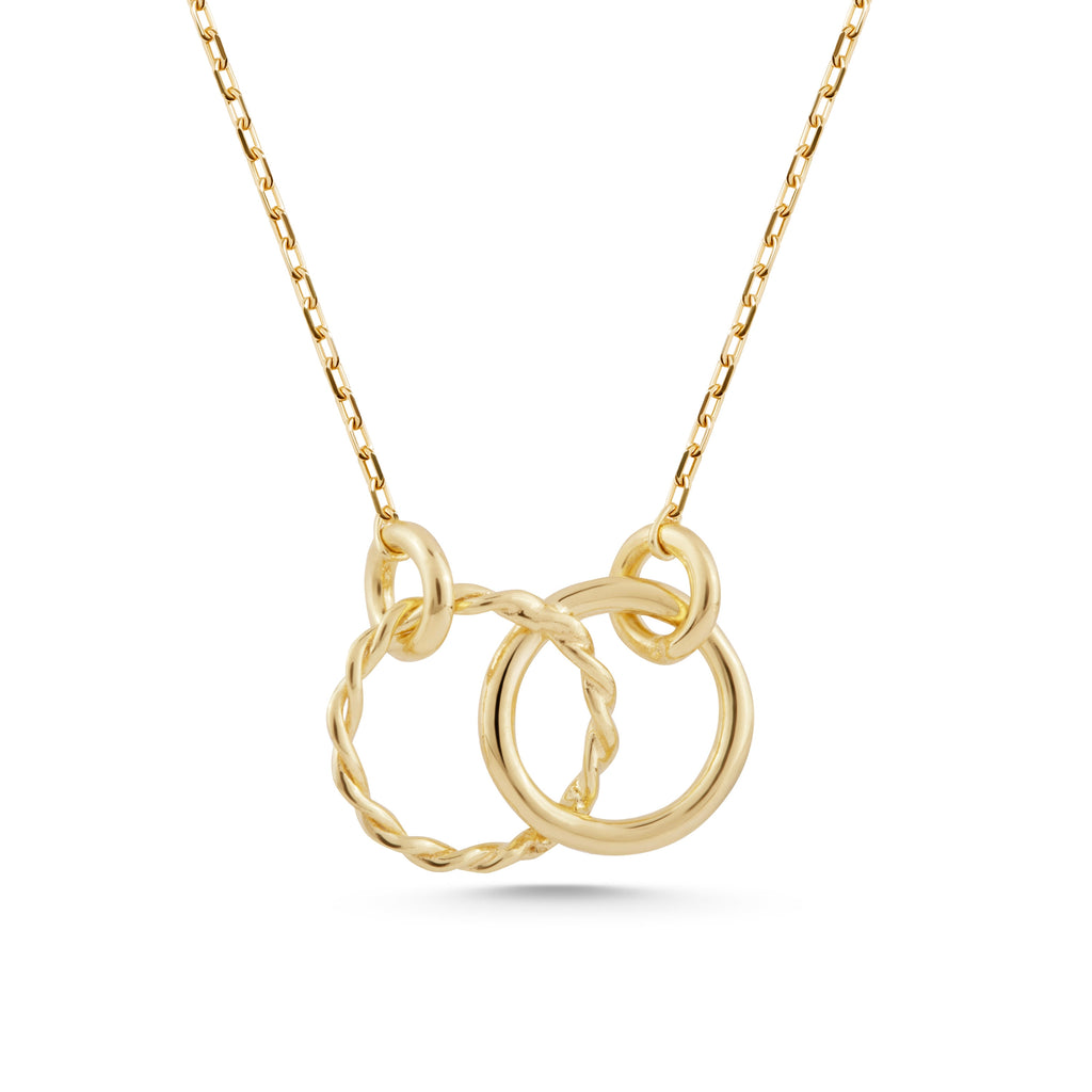 14K Gold Interlocking Circle Necklace, Twisted Rope Double Ring Pendant, Textured Two Circle Charm, Gift for Her