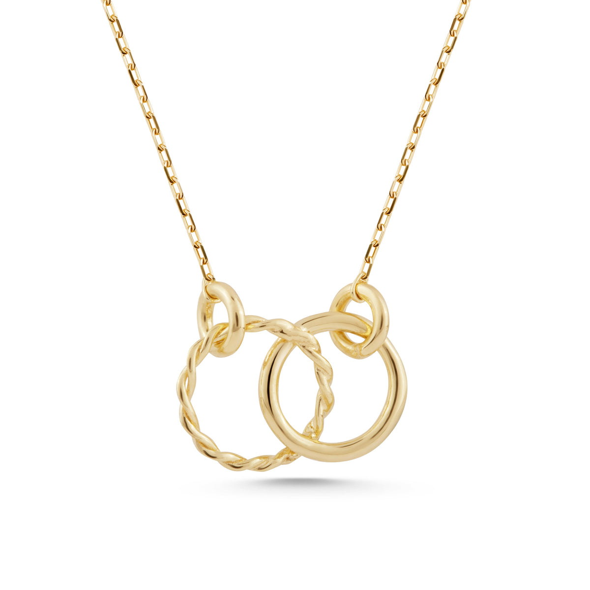 14K Gold Interlocking Circle Necklace, Twisted Rope Double Ring Pendant, Textured Two Circle Charm, Gift for Her