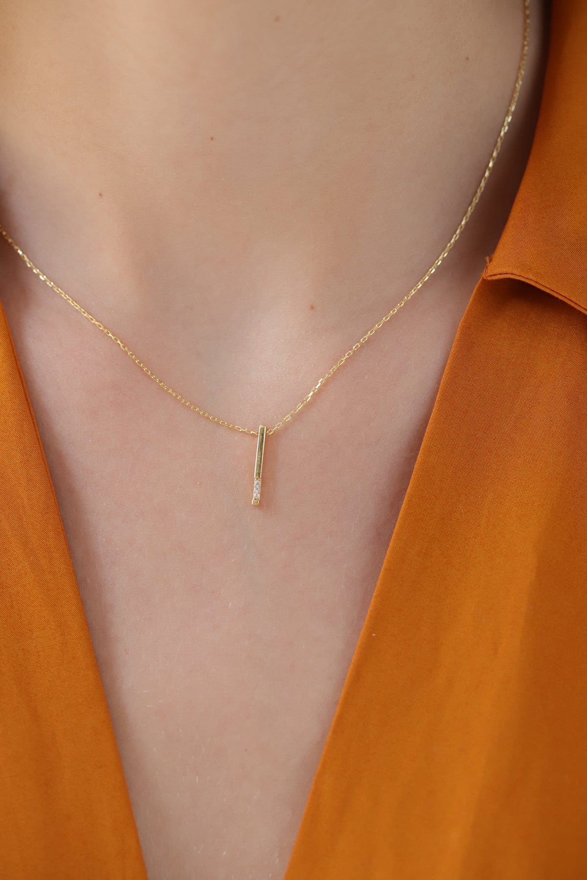 14K Gold Vertical Bar Necklace, Diamond Accent Drop Pendant, Minimalist Stick Charm, Gift for Her