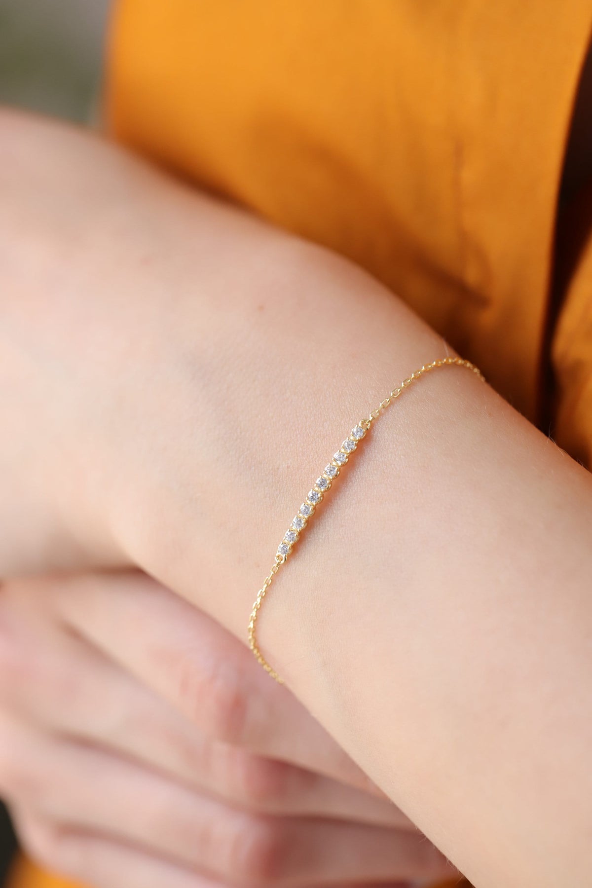 14K Gold Lab Diamond Bar Bracelet, Pave Sparkle Chain Bracelet, Delicate Everyday Bracelet, Minimalist Fine Jewelry