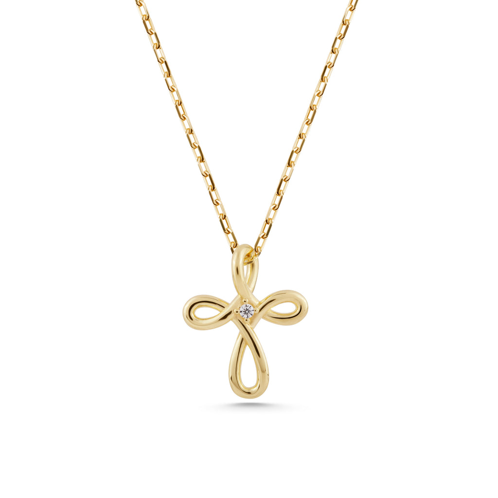 14K Gold Loop Cross Necklace, Diamond Center Swirl Cross Pendant, Elegant Faith Charm, Gift for Her