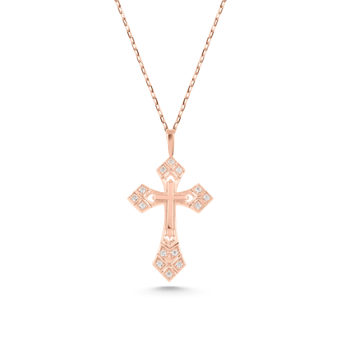 14K Gold Lab Diamond Cross Necklace, Ornate Studded Cross Pendant, Baroque Style Charm, Faith Gift for Her