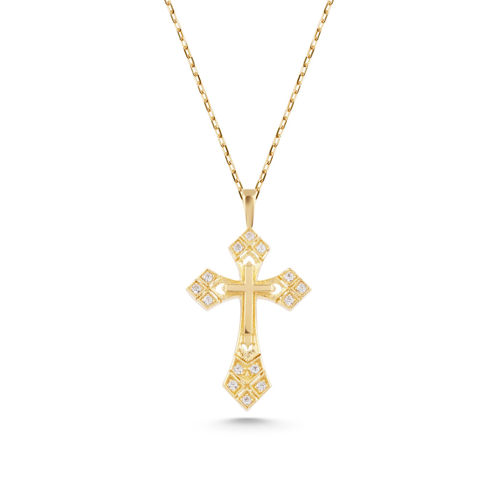 14K Gold Lab Diamond Cross Necklace, Ornate Studded Cross Pendant, Baroque Style Charm, Faith Gift for Her