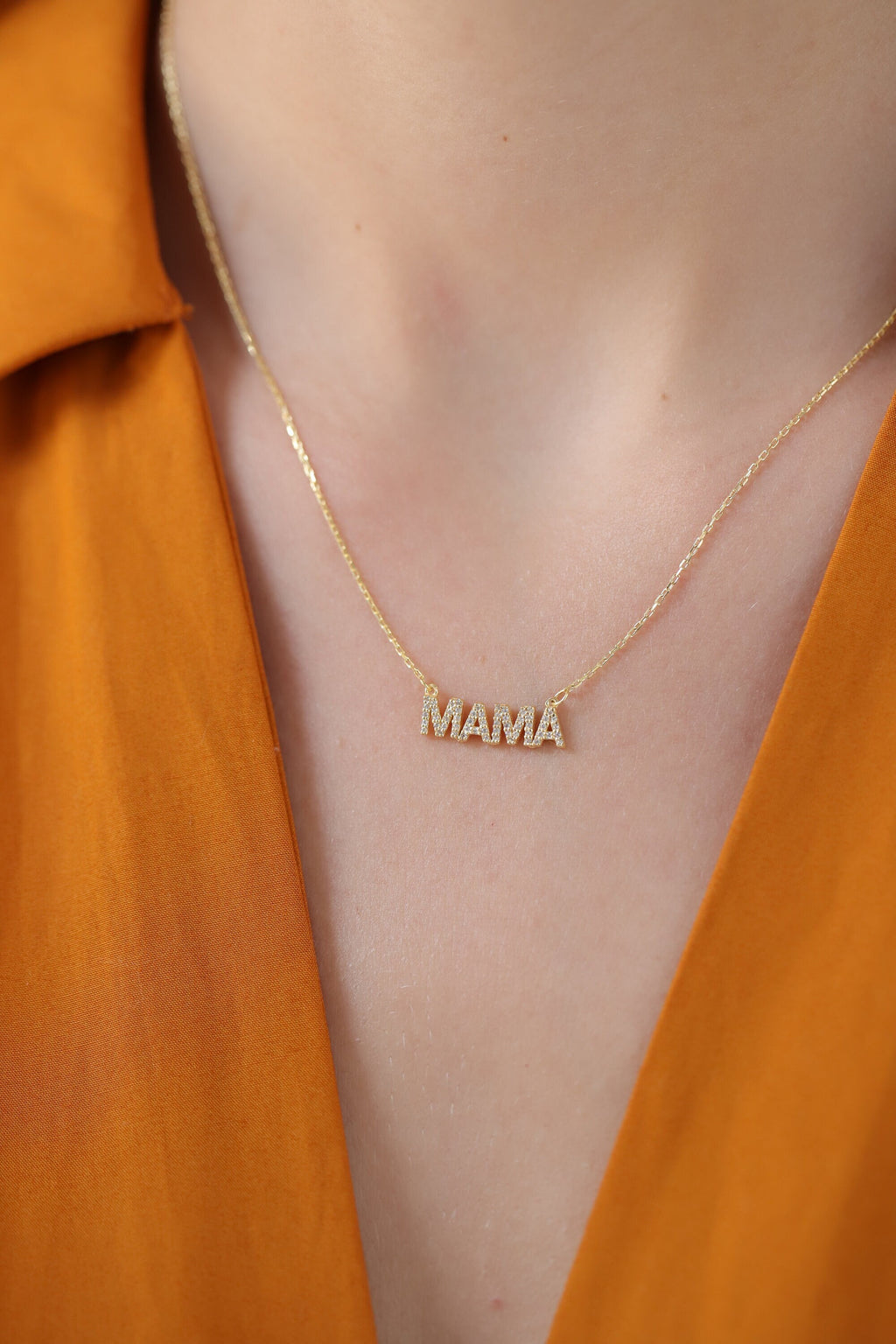 14K Gold Pave Mama Necklace, Lab Diamond Block Letter Nameplate, Sparkling Mama Charm, Mother's Day Gift for Her