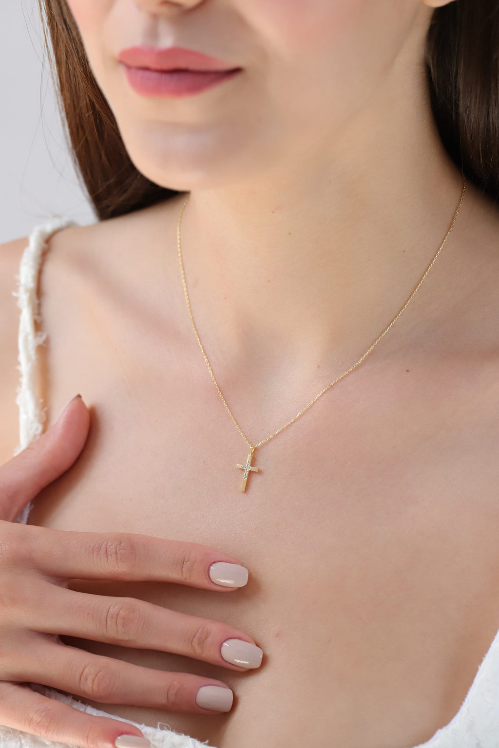 14K Gold Half Pave Cross Necklace, Lab Diamond Center Cross Pendant, Two-Tone Design Charm, Gift for Her