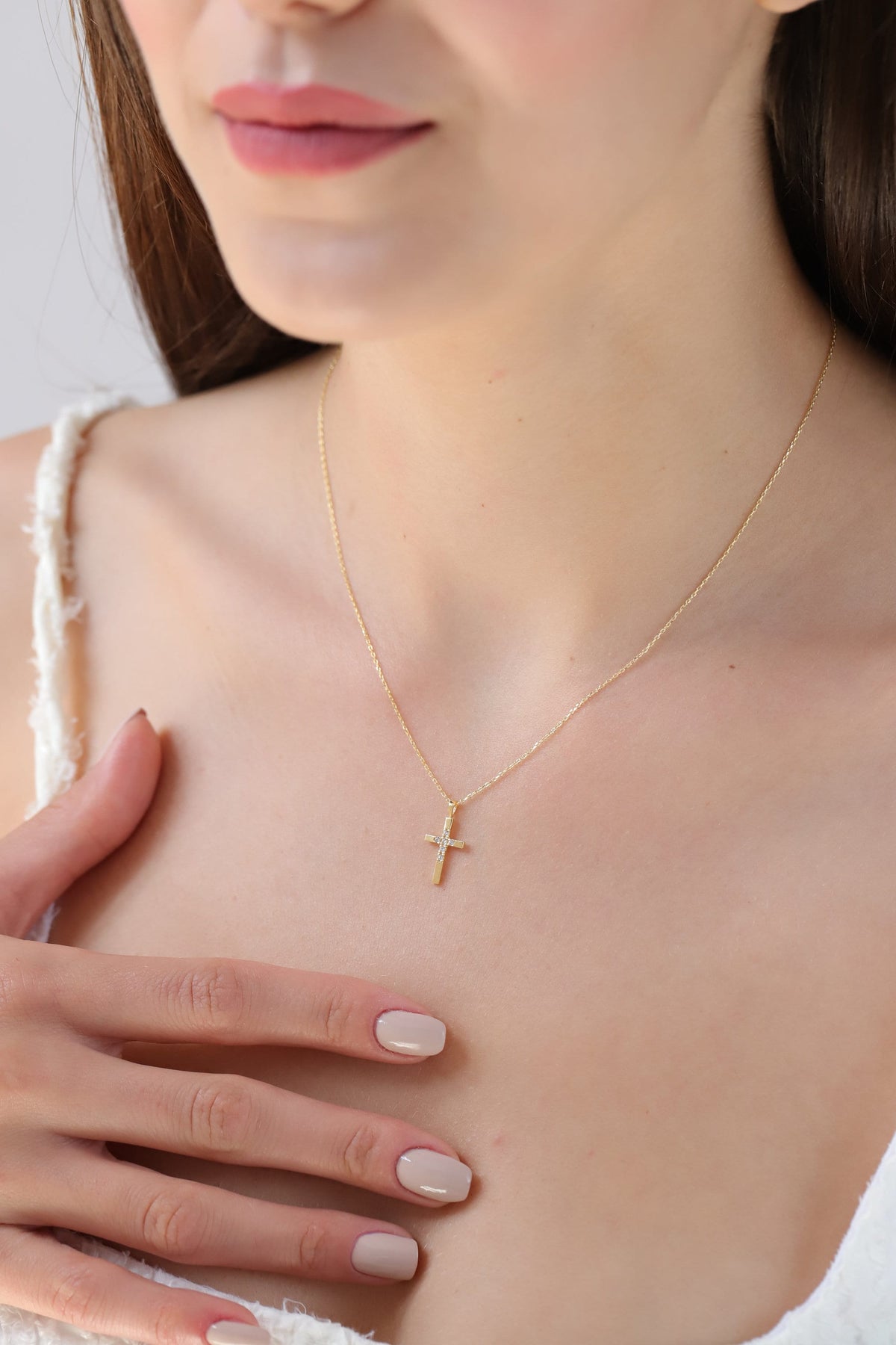 14K Gold Half Pave Cross Necklace, Lab Diamond Center Cross Pendant, Two-Tone Design Charm, Gift for Her