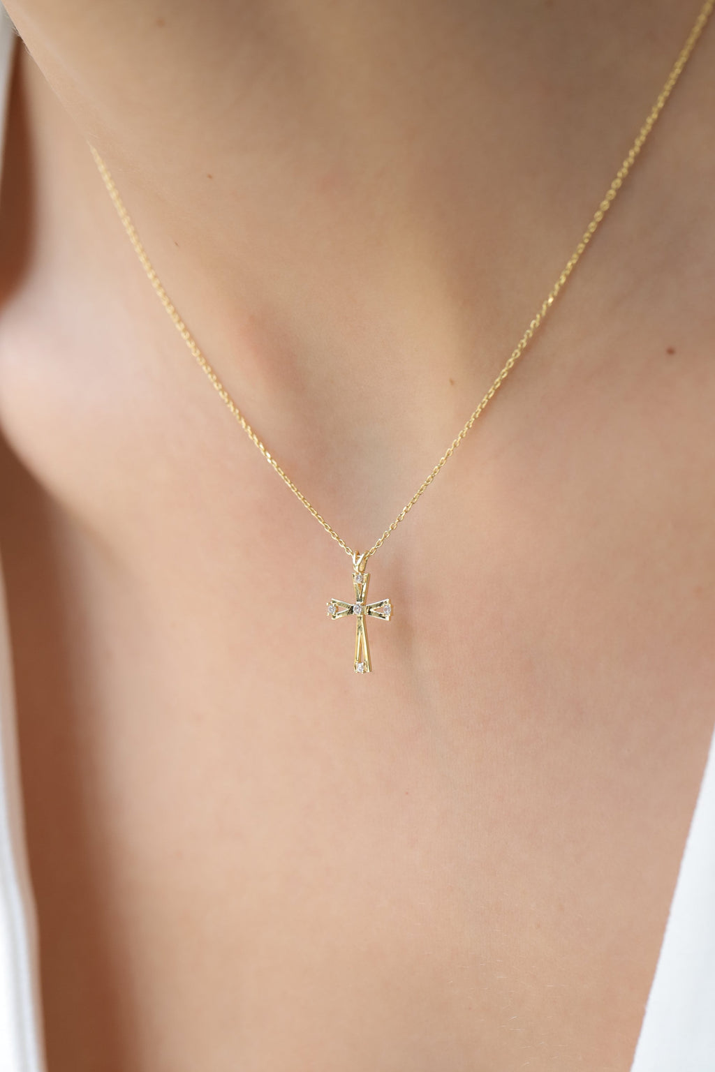 14K Gold Open Lab Diamond Cross Necklace, Prong Set Cross Pendant, Modern Faith Charm, Gift for Her