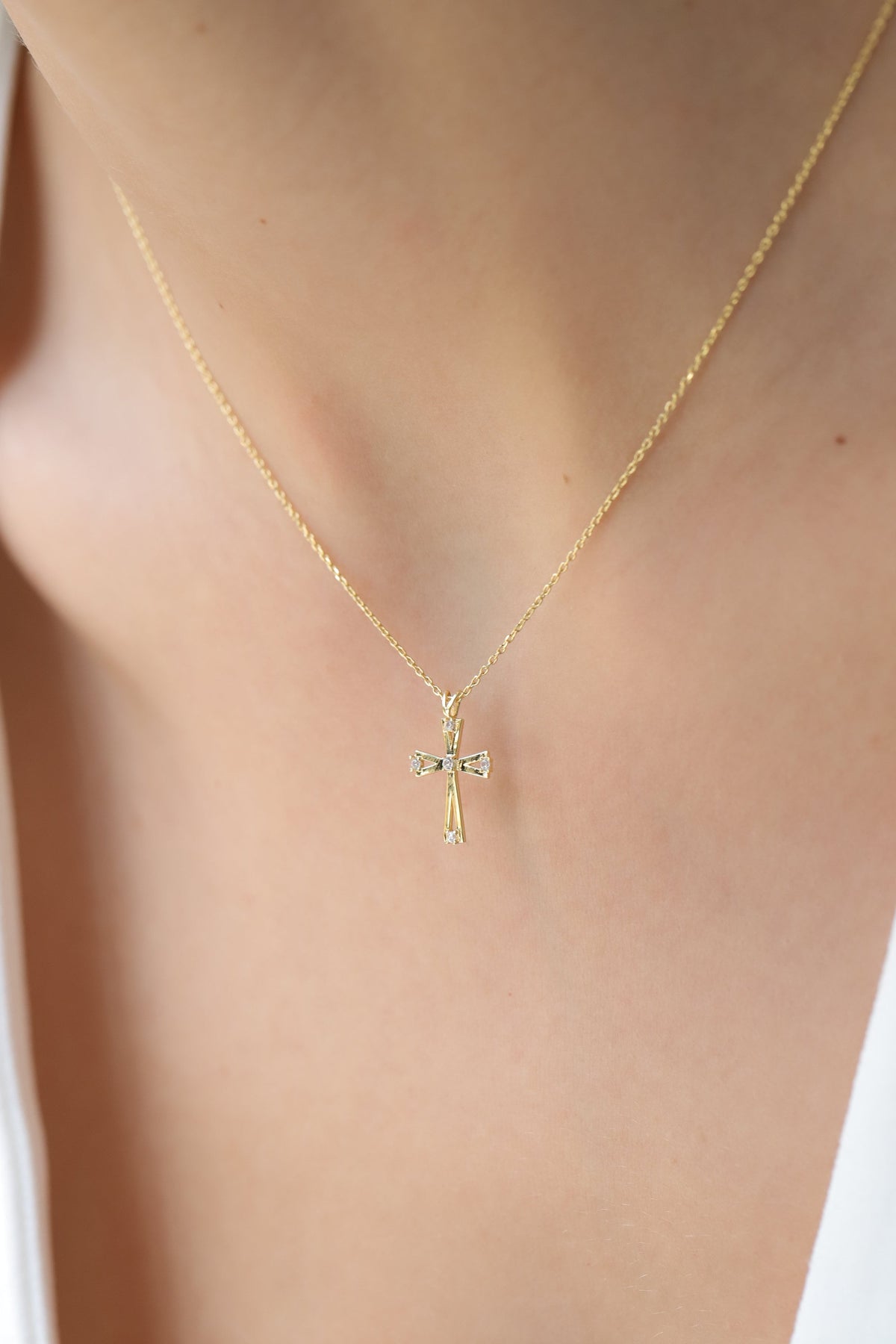 14K Gold Open Lab Diamond Cross Necklace, Prong Set Cross Pendant, Modern Faith Charm, Gift for Her