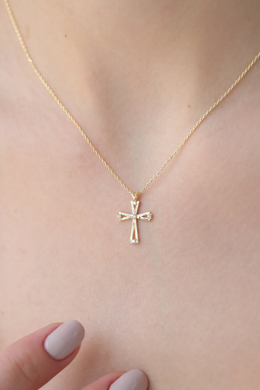 14K Gold Open Lab Diamond Cross Necklace, Prong Set Cross Pendant, Modern Faith Charm, Gift for Her
