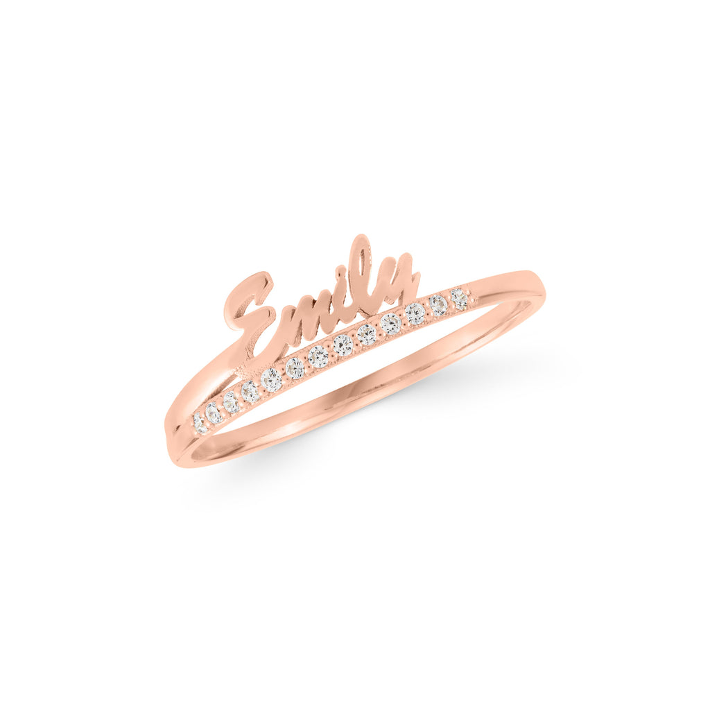 14K Gold Name Ring with Lab Diamonds, Personalized Script Name Ring, Custom Diamond Bar Ring, Gift for Her
