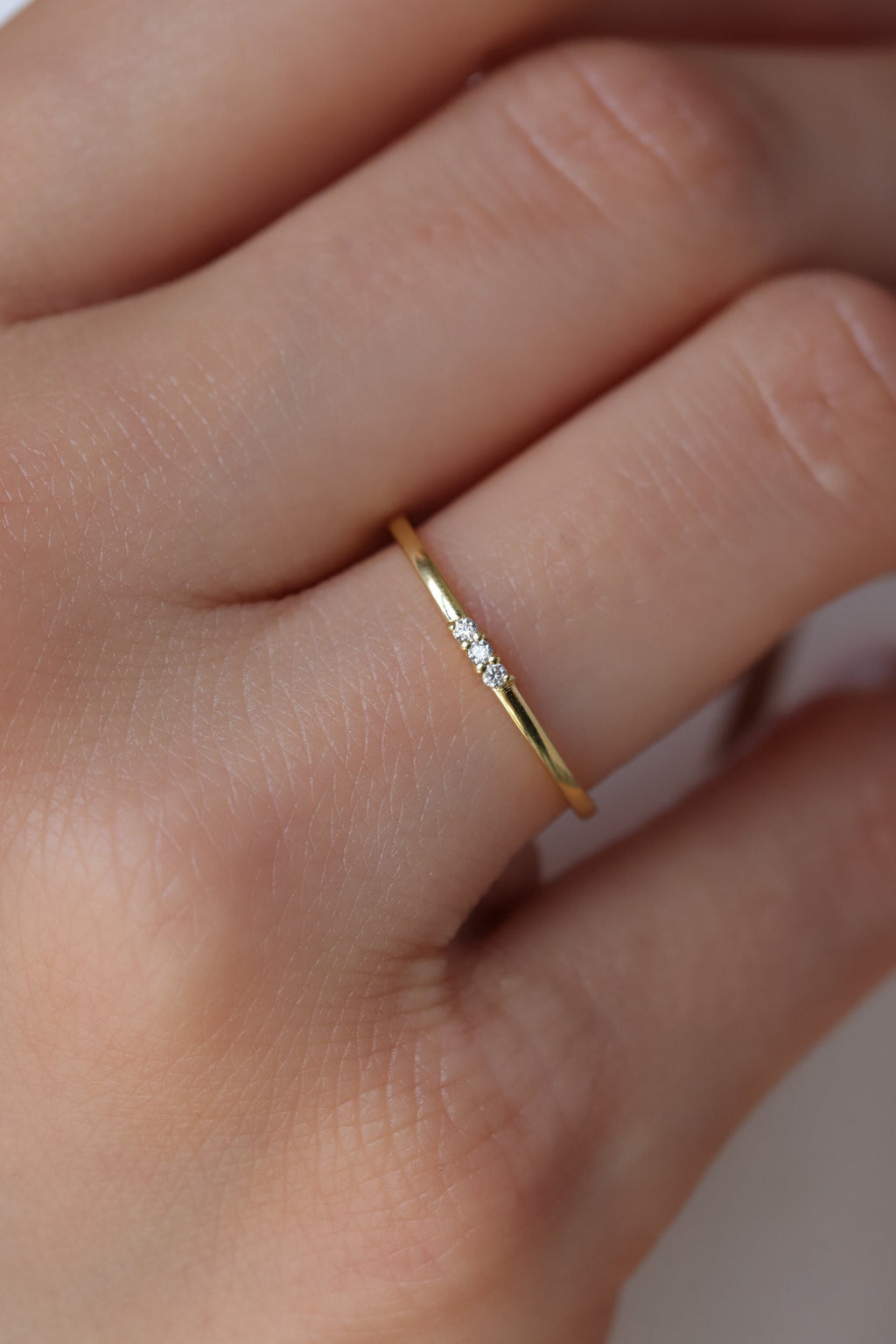 14K Gold Three Stone Ring, Dainty Lab Diamond Stacking Ring, Minimalist Thin Band, Delicate Everyday Ring, Gift for Her