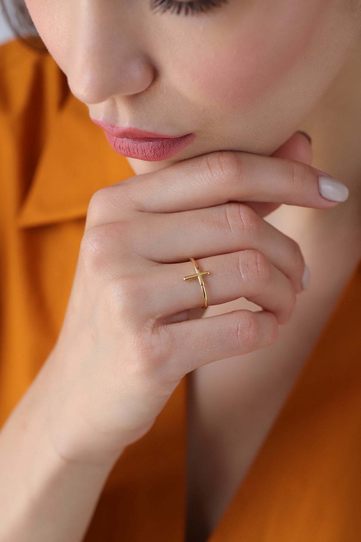 14K Solid Gold Sideways Cross Ring, Plain Faith Band, Minimalist Christian Ring, Dainty Stacking Ring, Gift for Her