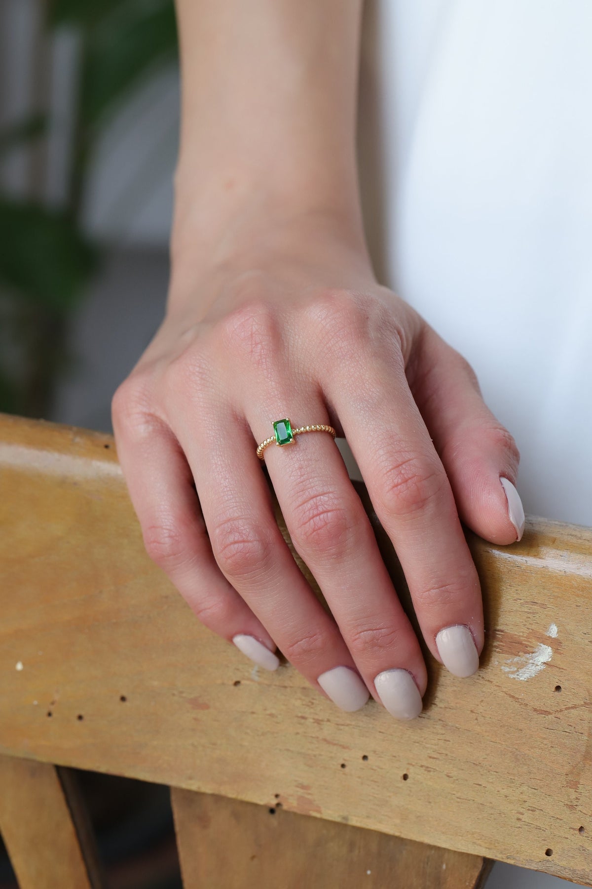 14K Gold Birthstone Ring Set, Beaded Stacking Rings, Emerald Cut Gemstone Rings, Custom Color Ring, Gift for Her