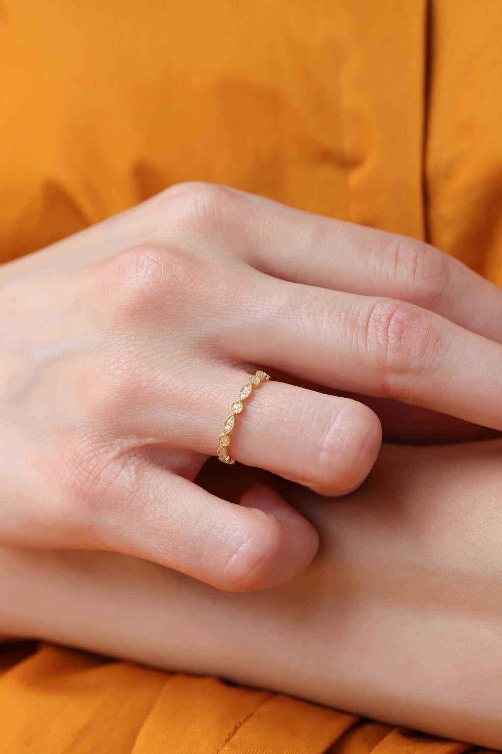 14K Gold Eternity Ring, Alternating Round Marquise Lab Diamond Band, Vintage Milgrain Stacking Ring, Antique Style Gift for Her