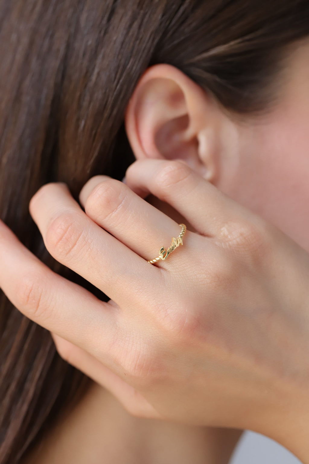 14K Gold Rope Name Ring, Twisted Band Personalized Ring, Custom Script Name Jewelry, Dainty Stacking Ring, Gift for Her