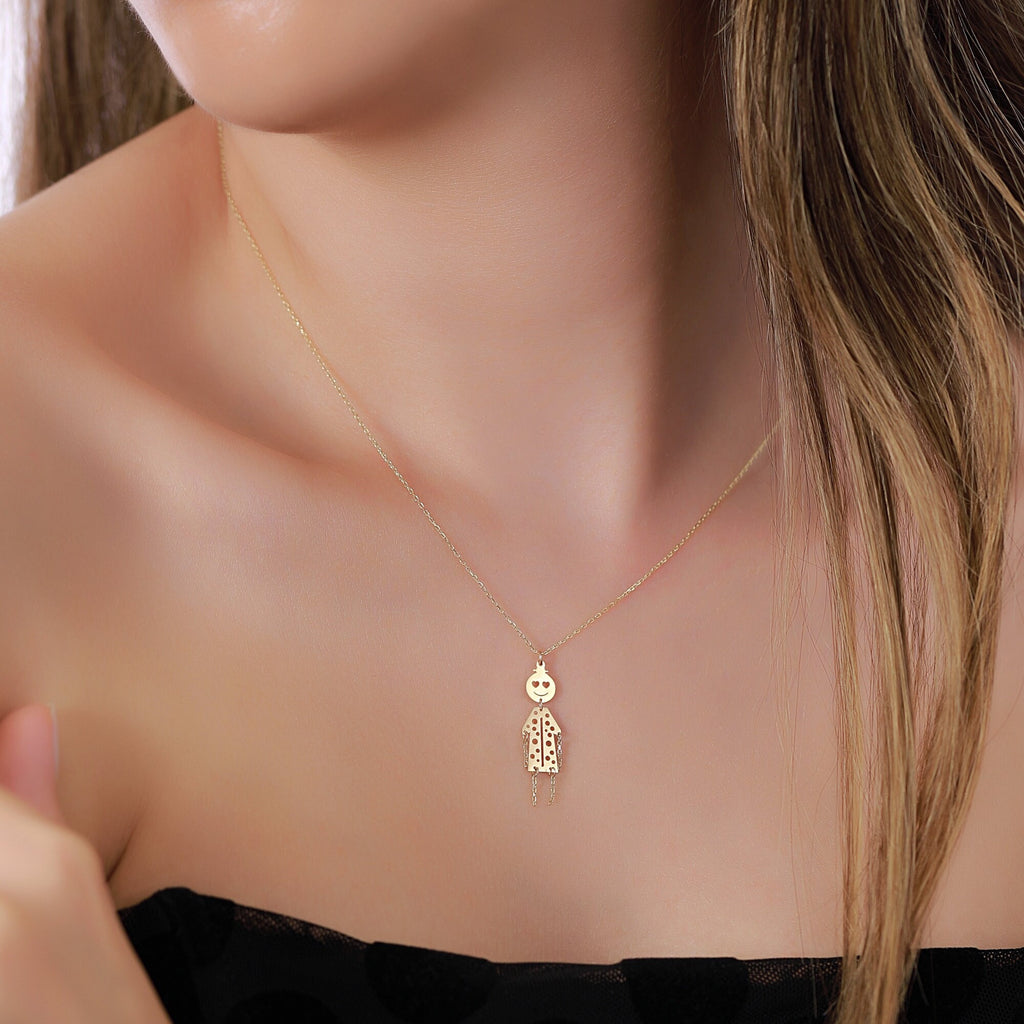 14K Gold Little Girl Charm Necklace, Whimsical Heart Eyes Doll Pendant, Polka Dot Dress Charm, Fun Gift for Her