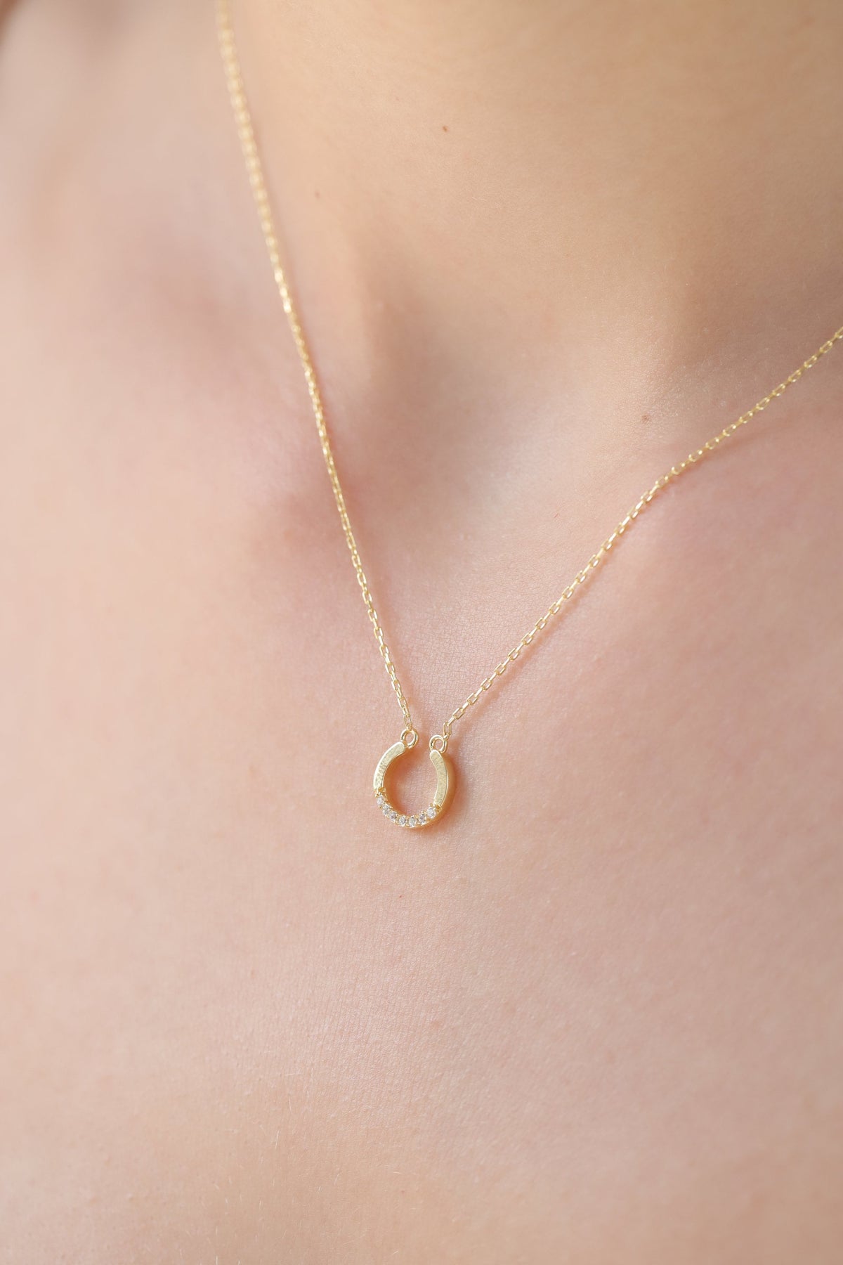 14K Gold Horseshoe Necklace, Lab Diamond Lucky Horseshoe Pendant, Good Luck Charm, Gift for Her