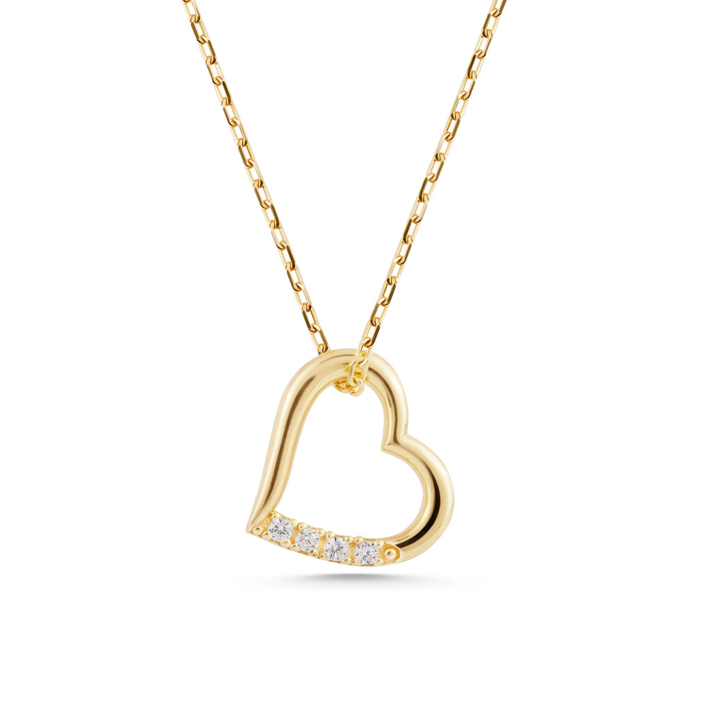 14K Gold Open Heart Necklace, Lab Diamond Accent Heart Pendant, Sideways Heart Charm, Gift for Her
