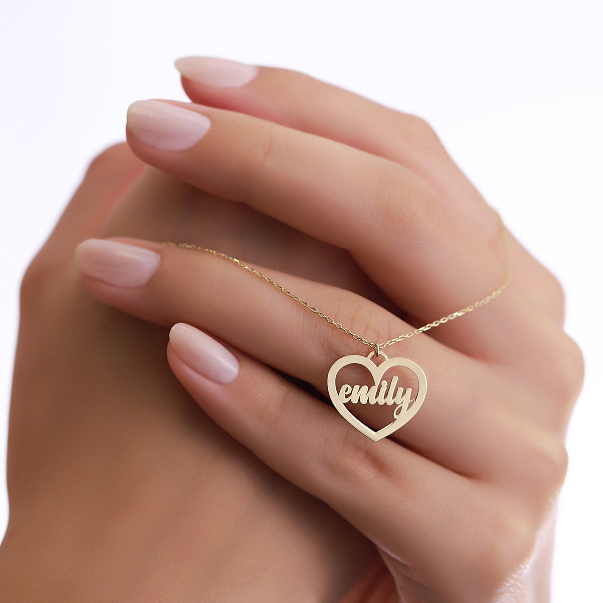 14K Gold Name Necklace in Heart, Custom Script Name Pendant, Personalized Heart Necklace, Gift for Her
