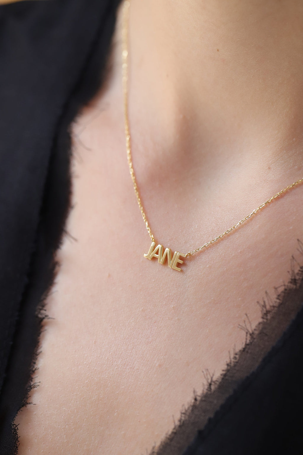 14K Gold Custom Name Necklace, Solid Block Letter Nameplate, Personalized Bold Name Charm, Gift for Her