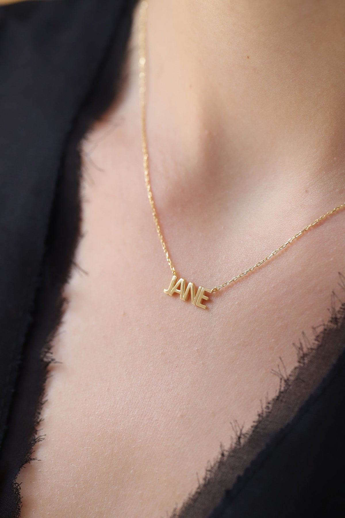 14K Gold Custom Name Necklace, Solid Block Letter Nameplate, Personalized Bold Name Charm, Gift for Her