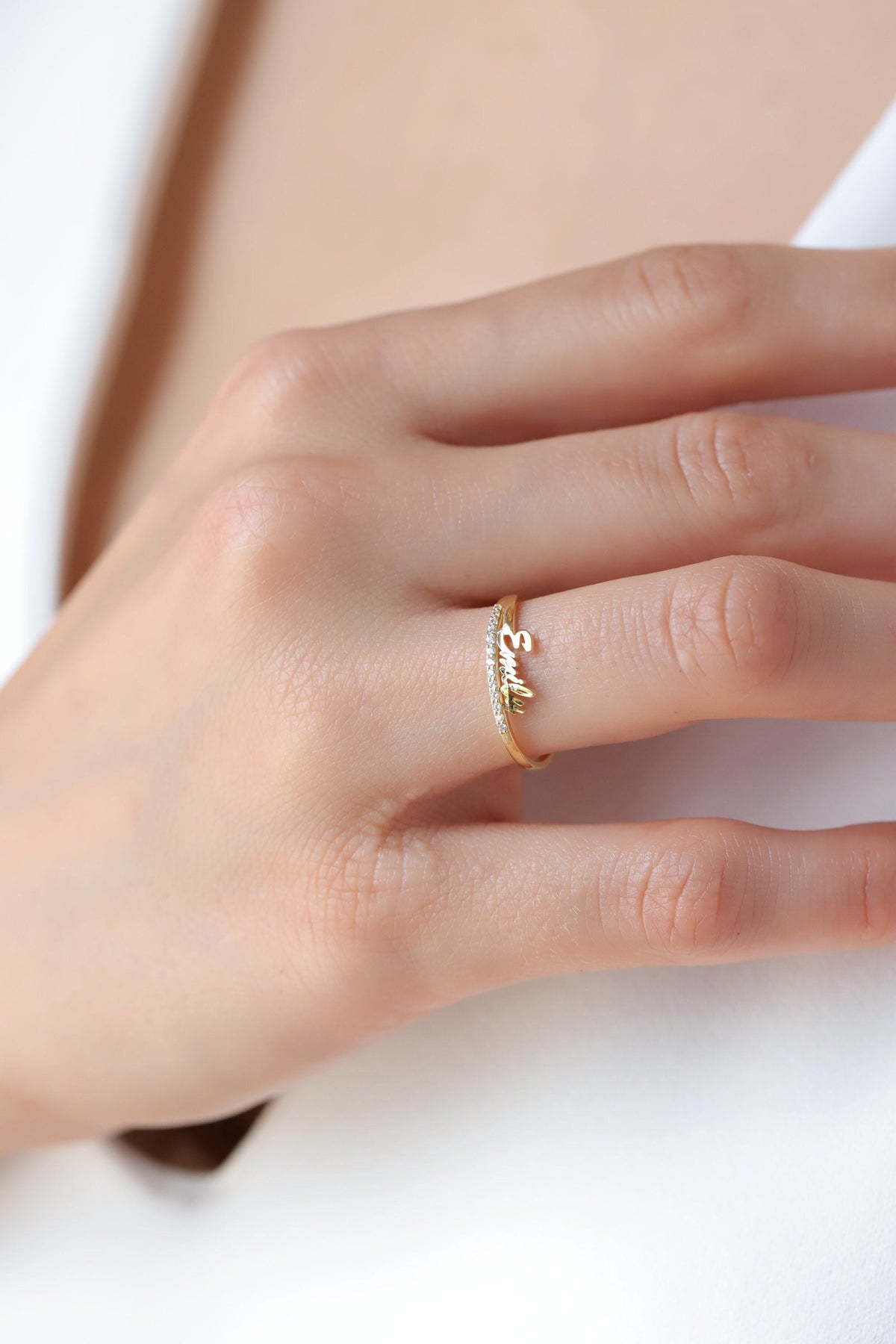 14K Gold Name Ring with Lab Diamonds, Personalized Script Name Ring, Custom Diamond Bar Ring, Gift for Her