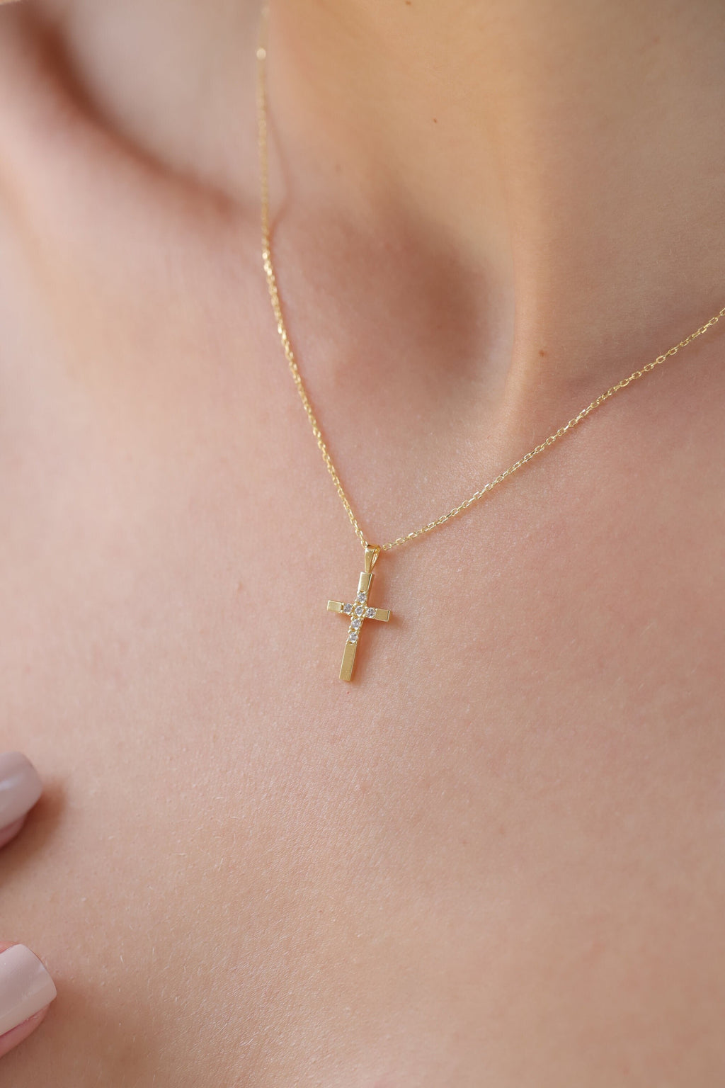 14K Gold Half Pave Cross Necklace, Lab Diamond Center Cross Pendant, Two-Tone Design Charm, Gift for Her