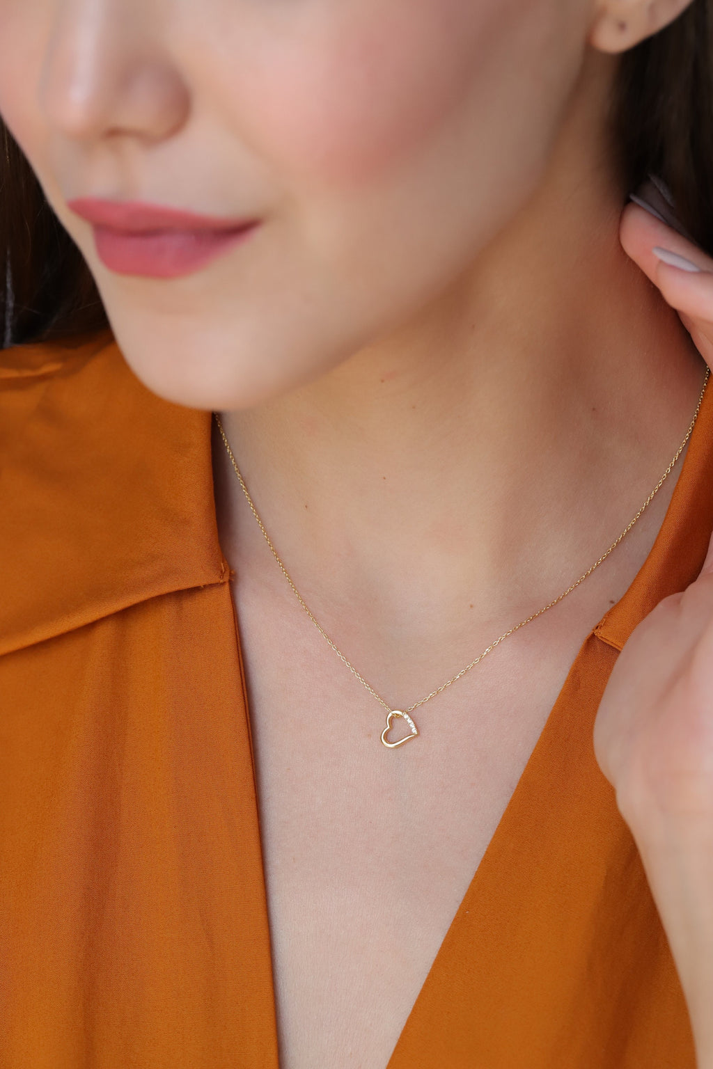 14K Gold Open Heart Necklace, Lab Diamond Accent Heart Pendant, Sideways Heart Charm, Gift for Her