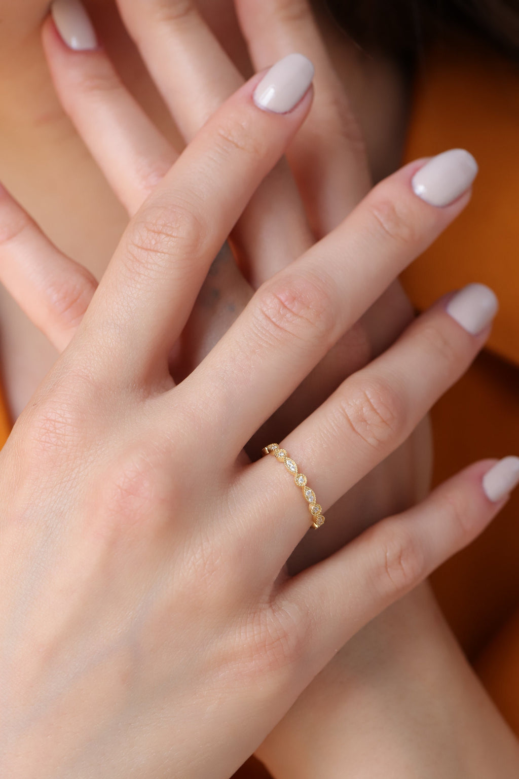 14K Gold Eternity Ring, Alternating Round Marquise Lab Diamond Band, Vintage Milgrain Stacking Ring, Antique Style Gift for Her