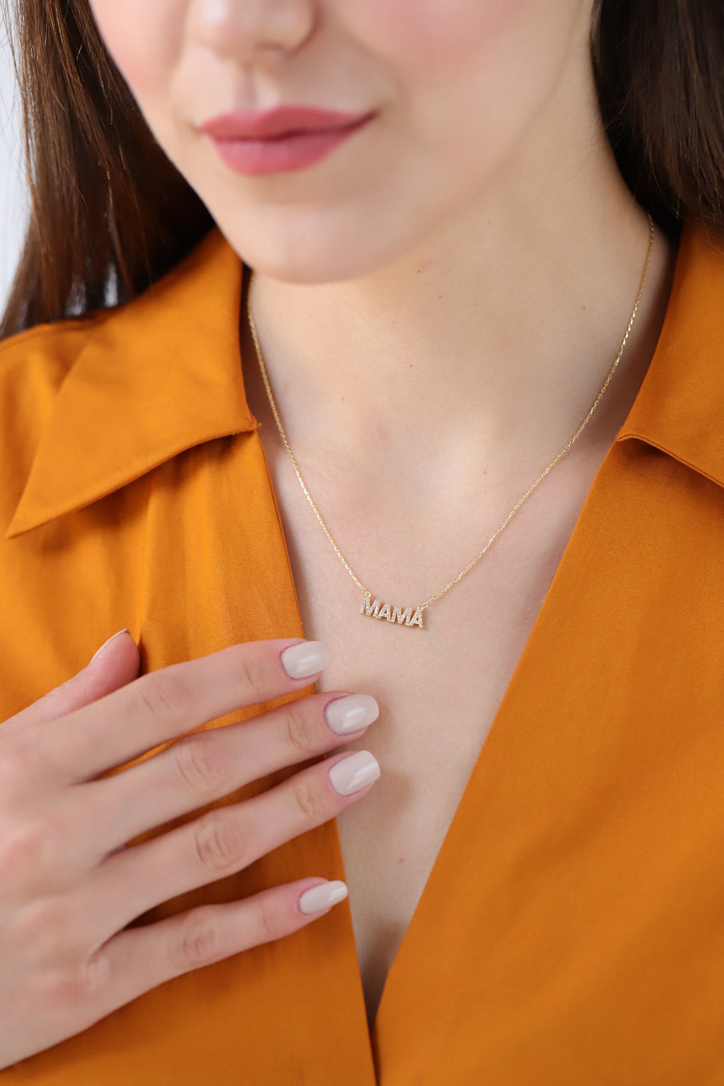 14K Gold Pave Mama Necklace, Lab Diamond Block Letter Nameplate, Sparkling Mama Charm, Mother's Day Gift for Her