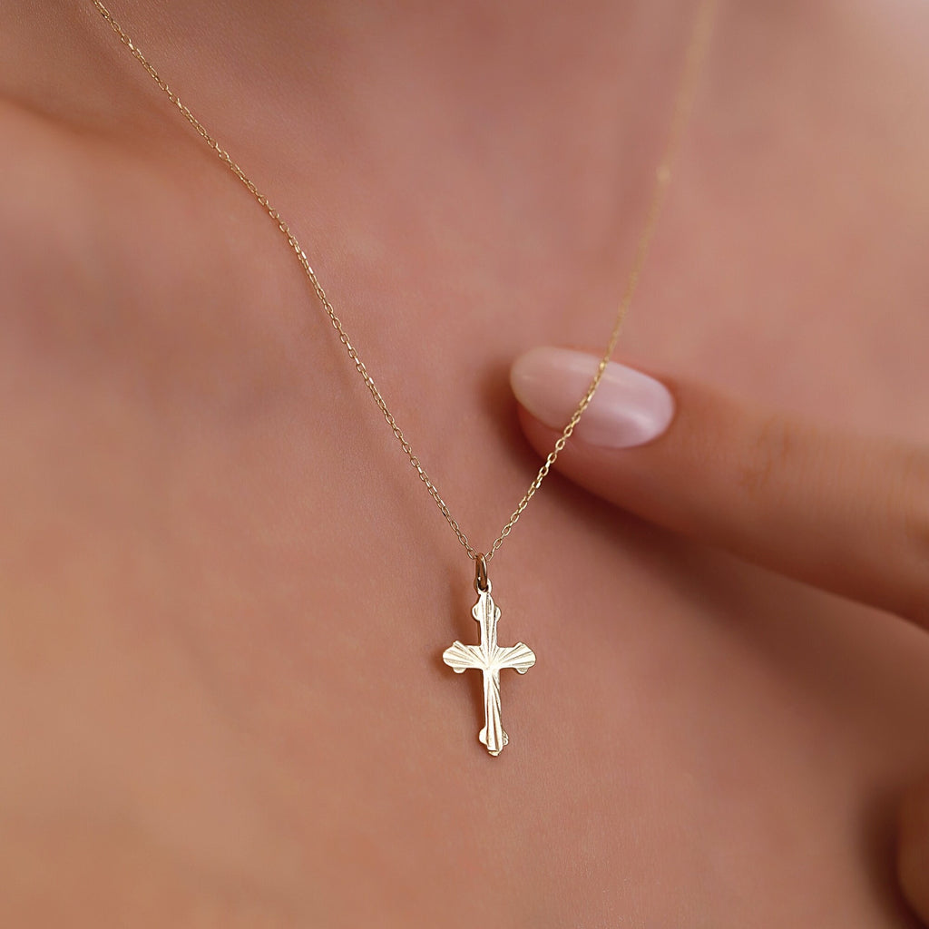 14K Gold Ornate Cross Necklace, Diamond Cut Scalloped Cross Pendant, Faith Charm, Baptism Confirmation Gift for Her