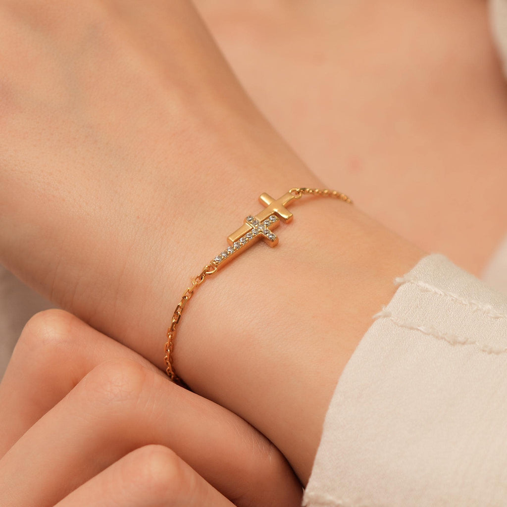 14K Gold Double Cross Bracelet, Pave Lab Diamond Layered Cross Chain Bracelet, Modern Faith Jewelry, Gift for Her