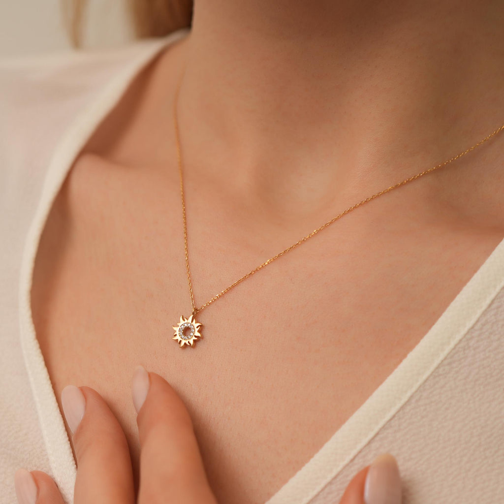 14K Gold Lab Diamond Sun Necklace, Pave Sunburst Pendant, Sparkling Celestial Charm, Gift for Her