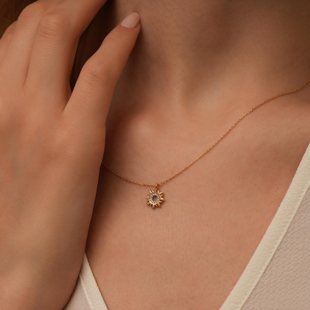 14K Gold Lab Diamond Sun Necklace, Pave Sunburst Pendant, Sparkling Celestial Charm, Gift for Her