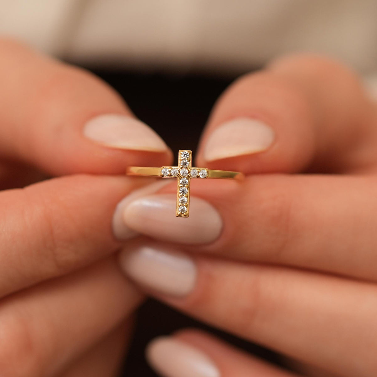 14K Gold Sideways Cross Ring, Pave Lab Diamond Cross Band, Faith Stacking Ring, Christian Jewelry, Gift for Her