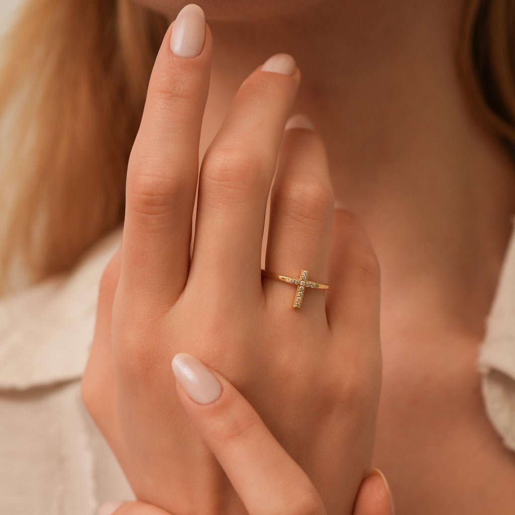 14K Gold Sideways Cross Ring, Pave Lab Diamond Cross Band, Faith Stacking Ring, Christian Jewelry, Gift for Her