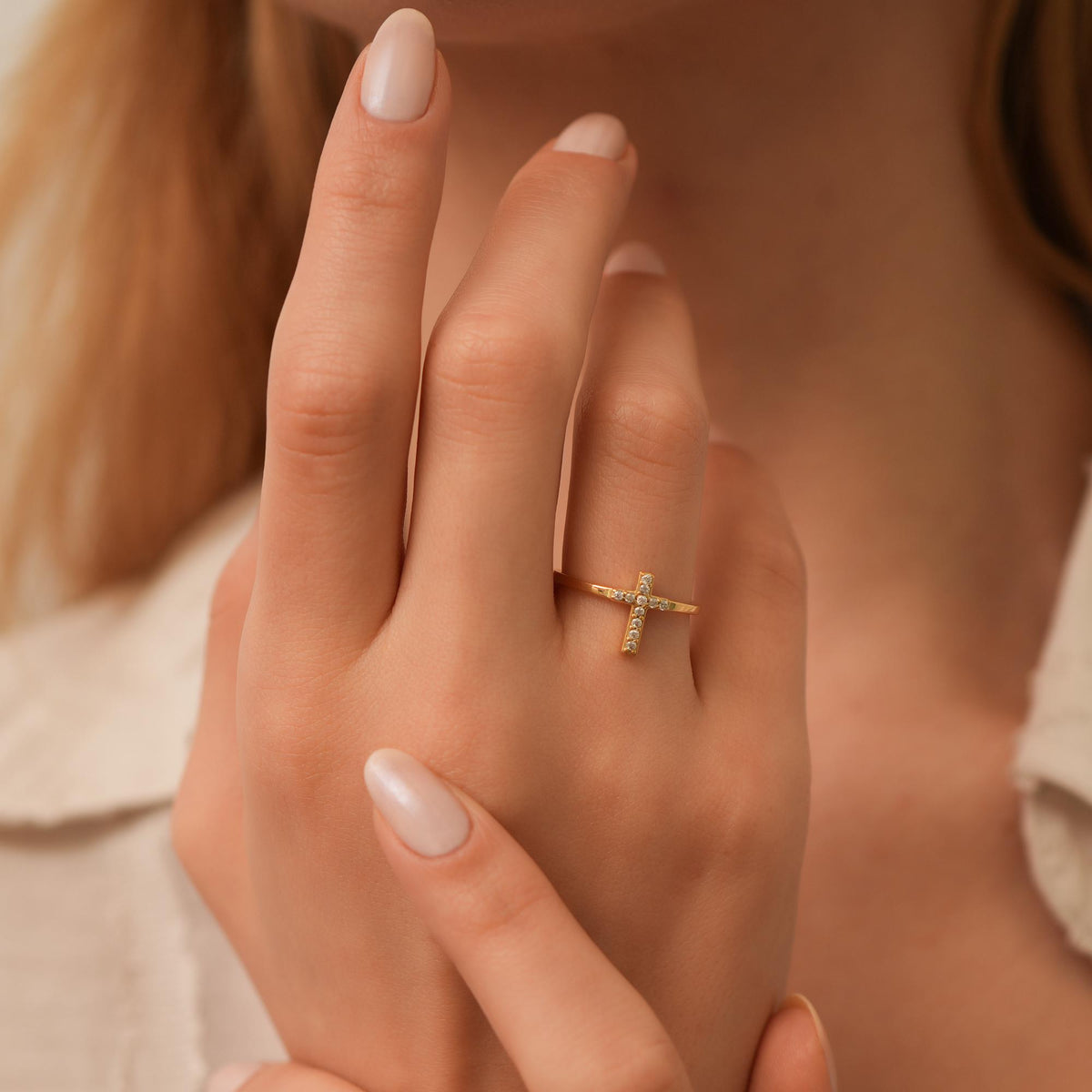14K Gold Sideways Cross Ring, Pave Lab Diamond Cross Band, Faith Stacking Ring, Christian Jewelry, Gift for Her