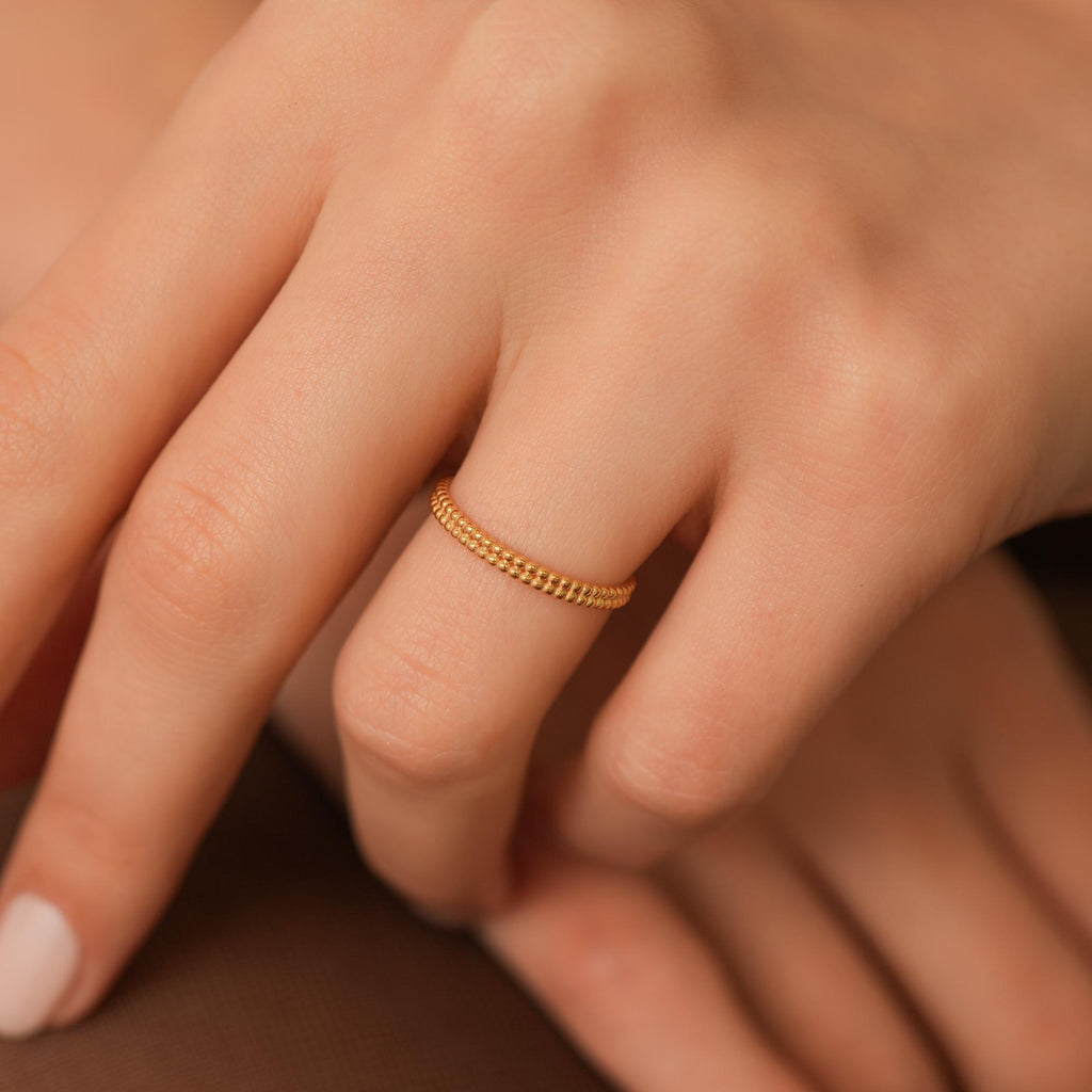 14K Gold Beaded Ring, Double Row Textured Band, Minimalist Stacking Ring, Solid Gold Everyday Ring, Gift for Her