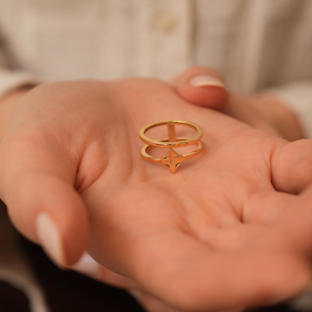 14K Gold Star Ring, Double Band Compass Ring, Criss Cross Stacking Ring, Minimalist Statement Ring, Gift for Her