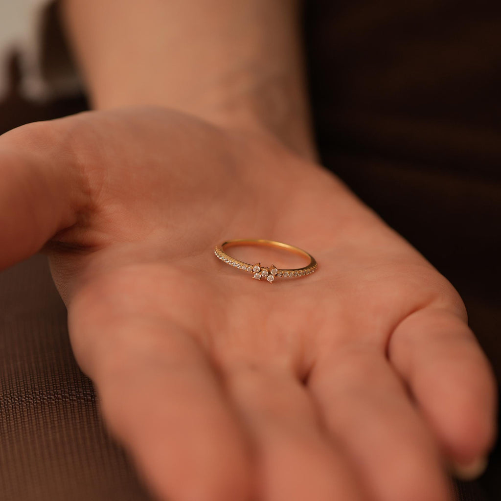 14K Gold Lab Diamond Cluster Ring, Pave Band Stacking Ring, Dainty Sparkle Ring, Delicate Statement Ring, Gift for Her