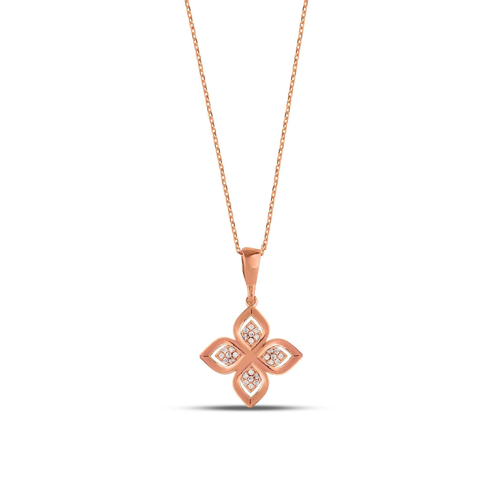 14K Gold Lab Diamond Flower Necklace, Four Petal Clover Pendant, Sparkling Floral Charm, Gift for Her
