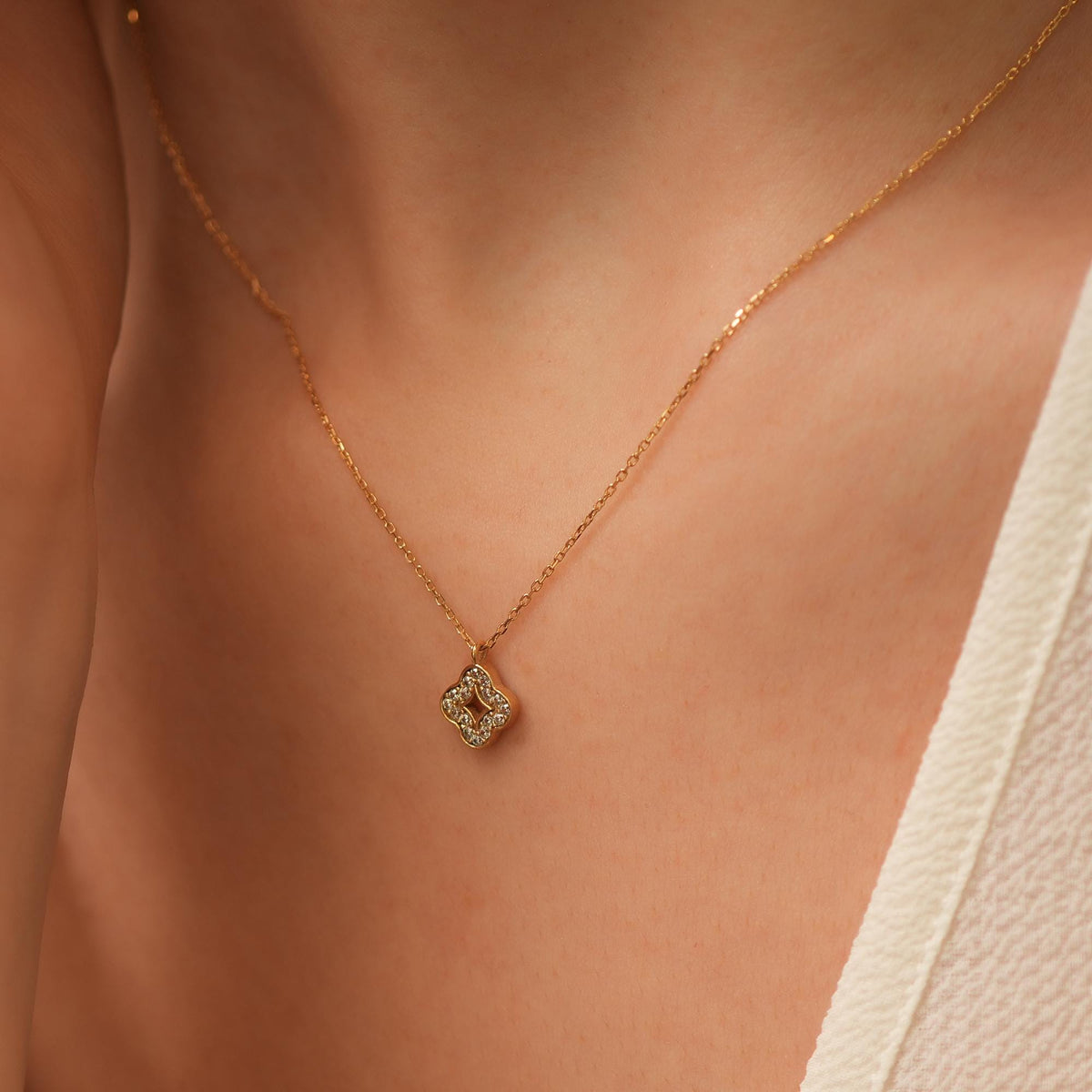 14K Gold Lab Diamond Clover Necklace, Open Center Quatrefoil Pendant, Sparkling Clover Charm, Gift for Her