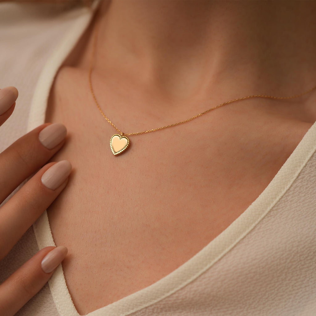 14K Gold Beaded Heart Necklace, Polished Heart with Beaded Frame Pendant, Classic Charm, Gift for Her