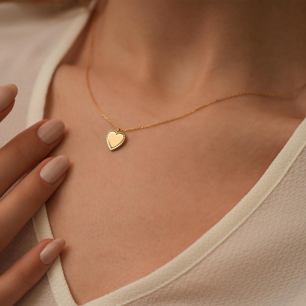 14K Gold Beaded Heart Necklace, Polished Heart with Beaded Frame Pendant, Classic Charm, Gift for Her