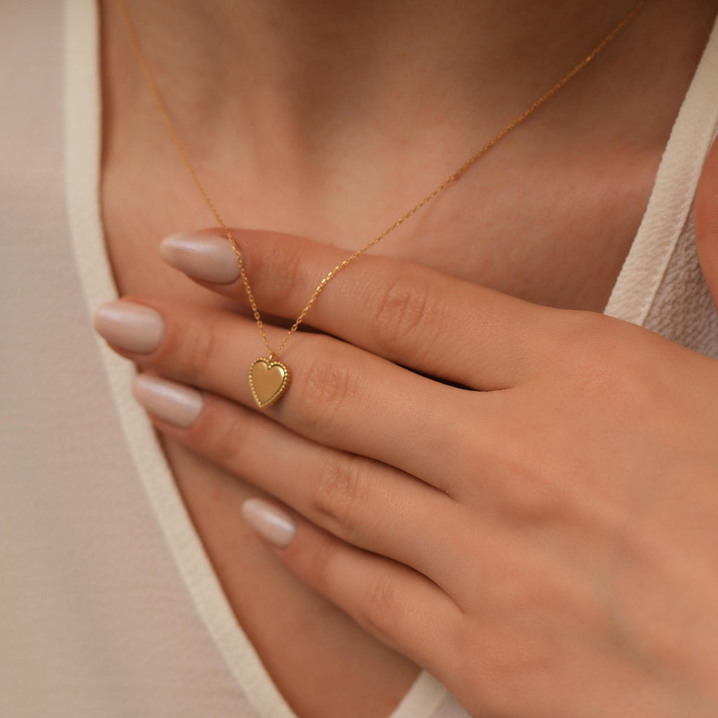14K Gold Beaded Heart Necklace, Polished Heart with Beaded Frame Pendant, Classic Charm, Gift for Her
