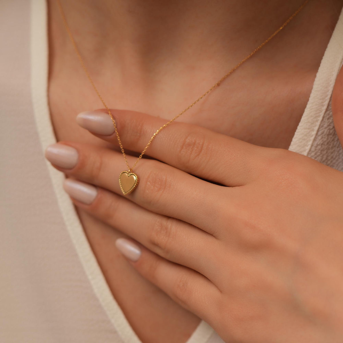 14K Gold Beaded Heart Necklace, Polished Heart with Beaded Frame Pendant, Classic Charm, Gift for Her