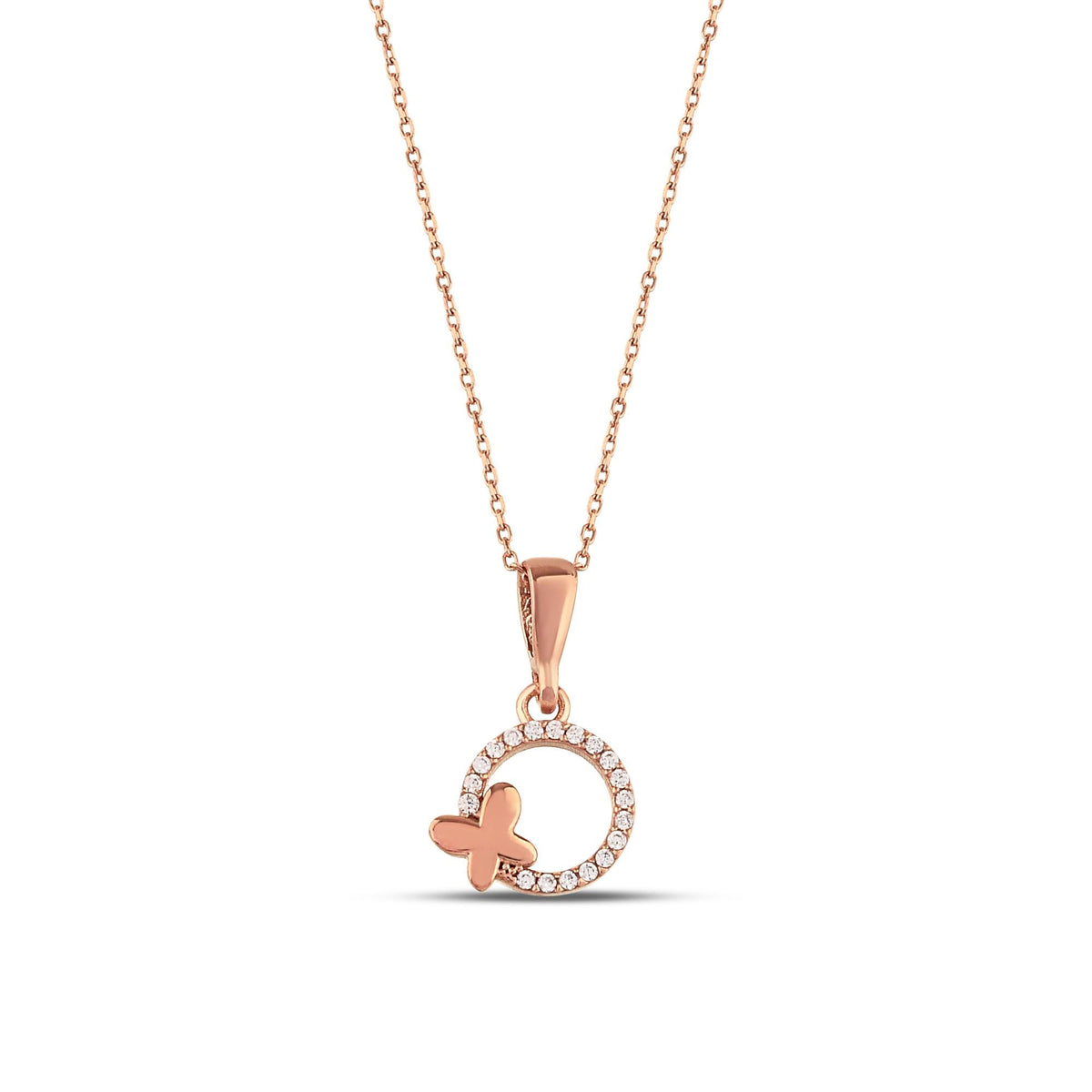 14K Gold Lab Diamond Circle Butterfly Necklace, Open Ring with Butterfly Pendant, Sparkling Charm, Gift for Her
