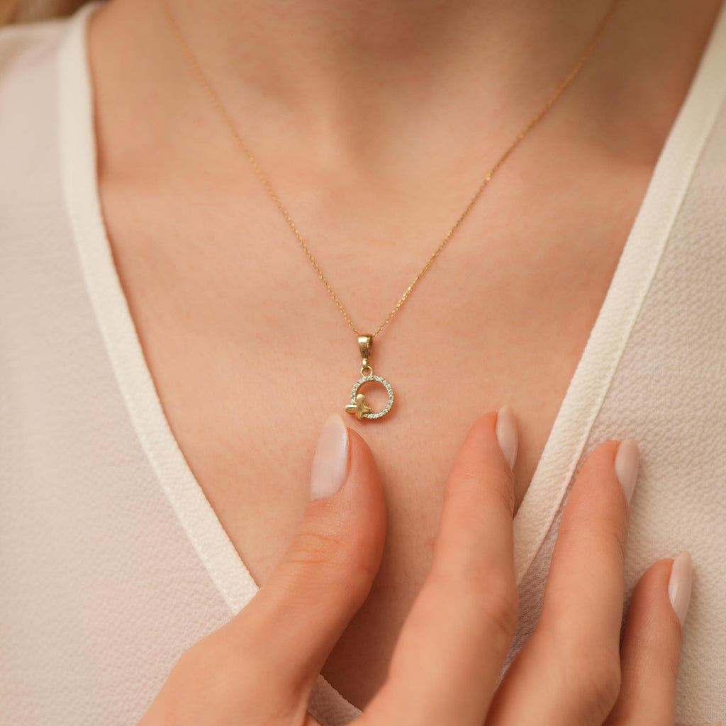 14K Gold Lab Diamond Circle Butterfly Necklace, Open Ring with Butterfly Pendant, Sparkling Charm, Gift for Her
