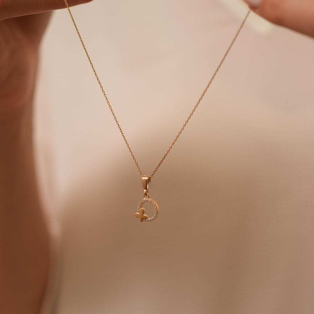 14K Gold Lab Diamond Circle Butterfly Necklace, Open Ring with Butterfly Pendant, Sparkling Charm, Gift for Her