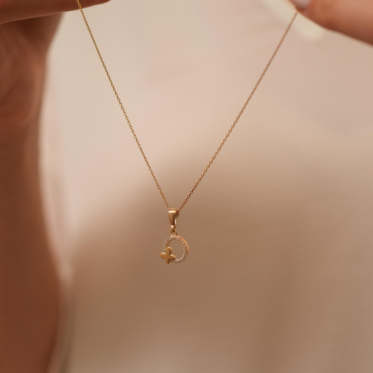 14K Gold Lab Diamond Circle Butterfly Necklace, Open Ring with Butterfly Pendant, Sparkling Charm, Gift for Her